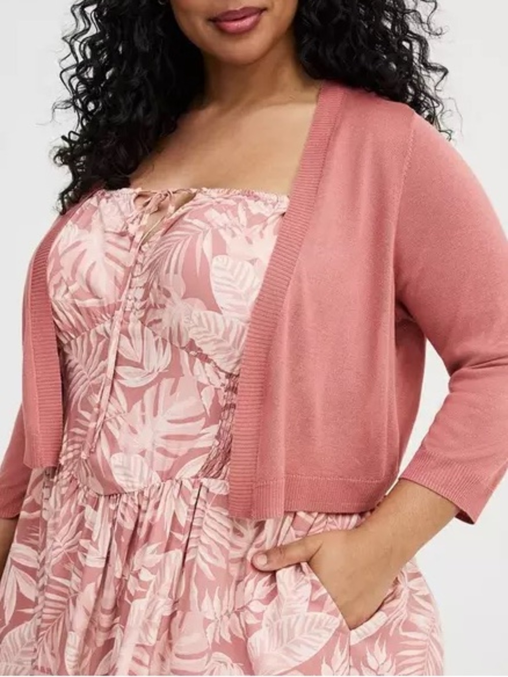 Salmon pink 3/4 Sleeve Cropped Shrug